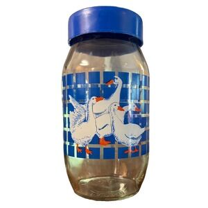 Vintage 1982 Carlton Glass 1.5L Geese Canister Blue Checkered Jar w Lid USA